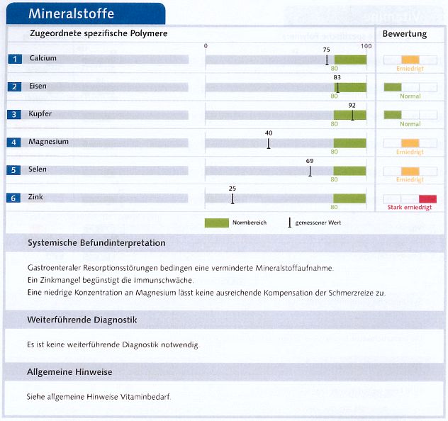 Tabelle mit grafischer Darstellung der Werte der Mineralstoffe