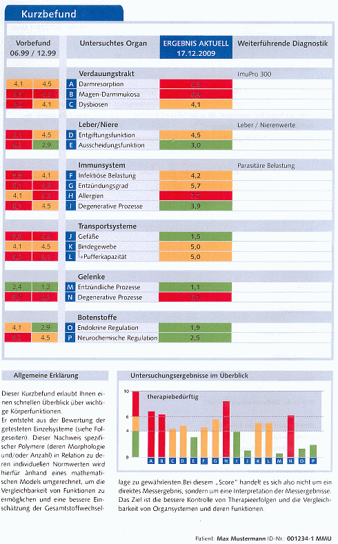 Kurzbefund von Max Mustermann als Tabelle mit farblich hervorgehoben Werten